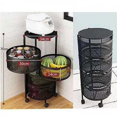 Picture of Round Floor 4-Layer Rotating Fruit And Vegetable Basket Storage Shelf Vegetable Rack - Black