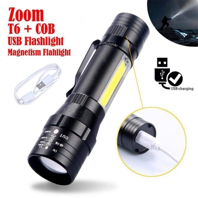 Picture of Portable LED Tactical USB Rechargeable Flashlight Torch Lamp Tourch Light - Black