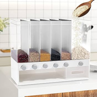 Picture of Rice Dispenser Large 6 Grid 10L Rice Wall Mounted Grain Container Storage Cereal Dispenser Pressed Sealed Dry Food Soybean Corn Storage Bin for Home Kitchen - Silver