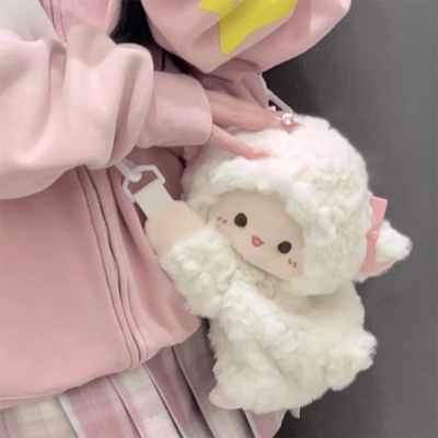 Picture of Pink Fluffy Lamb Plush Bag - White