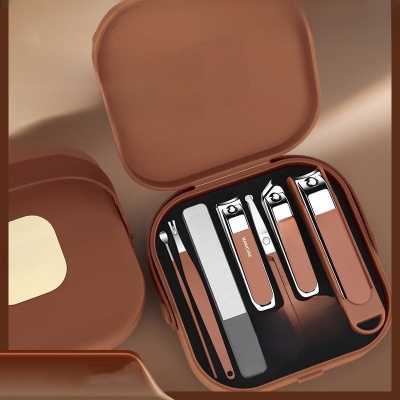 Picture of Portable Storage Box 7pcs Manicure Care Set - Anti-splash Large Nail Clippers - Brown