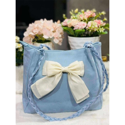 Picture of Oversized Bow Accent Faux Suede Shoulder Bag with Braided Straps