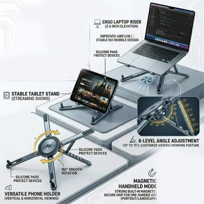 Picture of VEHTRI Portable Laptop Stand for Desk, 3-in-1 Adjustable Holder | MagSafe Compatible Foldable Design, 8-Level Height & Angle, Aluminum Alloy, Suitable for 10-16” LaptopsVEHTRI Portable Laptop Stand for Desk, 3-in-1 Adjustable Holder | MagSafe Compatible F