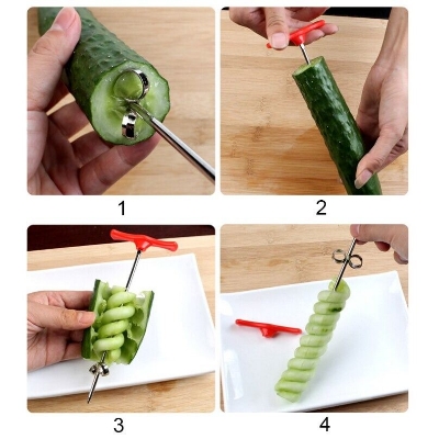 Picture of Vegetable Carving Knife Tool Of Spiral Potato Cucumber Salad With Carrot Spiral Slicer Spiralizer Manual Cutting Off - Kitchen Accessories - (Silver Red)