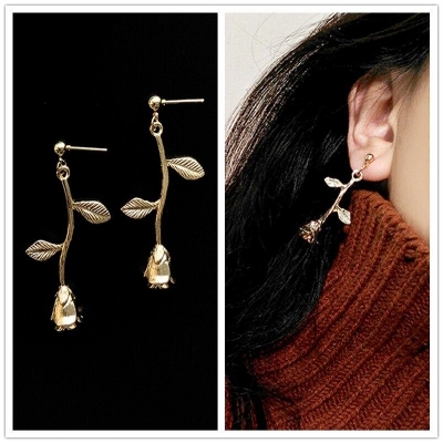 Picture of Pair Rose Flower Earrings Branch Leaves Drop Earring For Women Jewelry Boho Pendientes (Golden color)