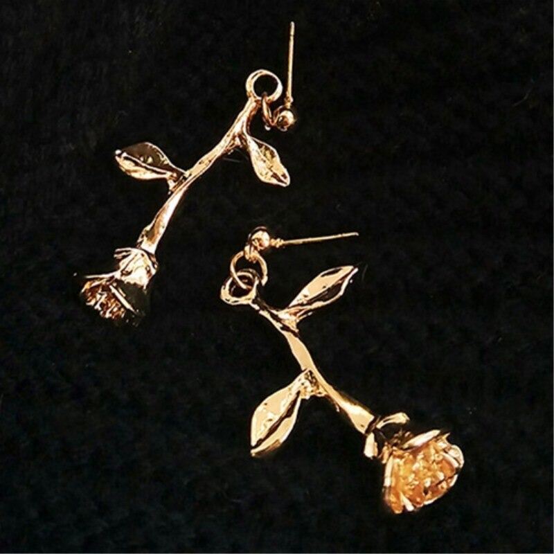 Picture of Pair Rose Flower Earrings Branch Leaves Drop Earring For Women Jewelry Boho Pendientes (Golden color)