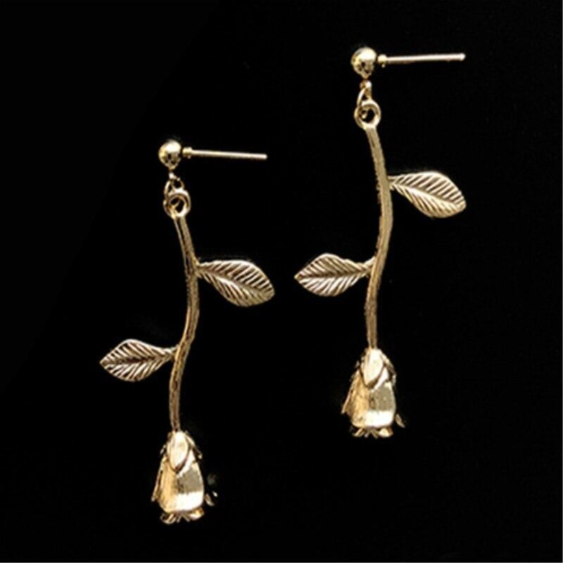 Picture of Pair Rose Flower Earrings Branch Leaves Drop Earring For Women Jewelry Boho Pendientes (Golden color)