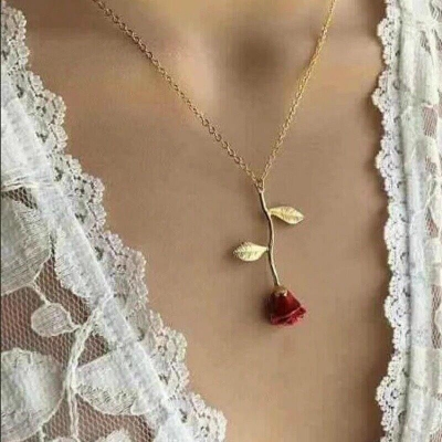 Picture of Red Rose Flower Pendant Necklace Hot Selling Jewelry Flower Clavicle Chain Female - Necklace For Girls (Gold Red)