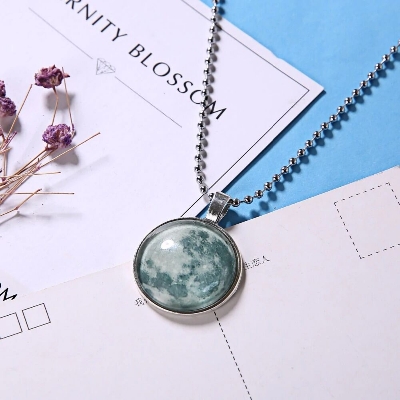 Picture of Full Moon Necklace Handmade Glass Dome Lunar Eclipse Necklace Glow in the dark (Blue)