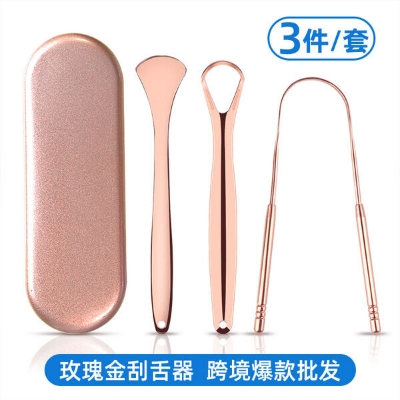 Picture of 3 Pcs Set Stainless Steel Tongue Scraper Naked Tongue Coating Brush Tongue Scraper Tongue Coating Cleaner Oral Cleaning Tool With Box (Silver 3pcs Set Box)