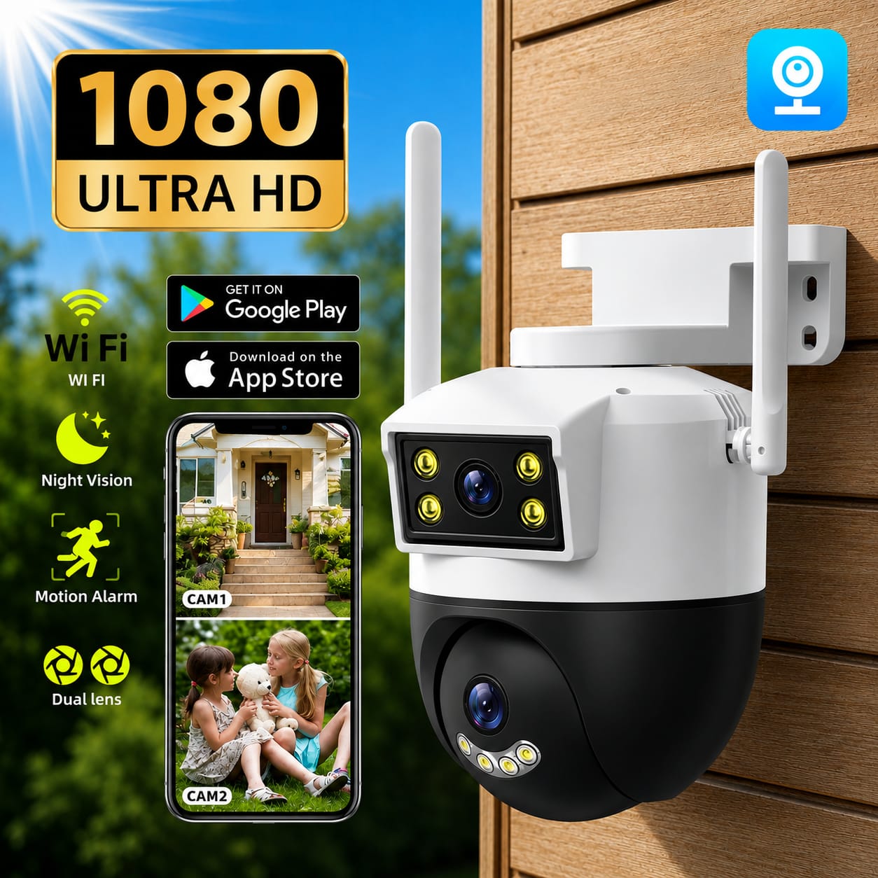 Picture of 2 Lance Outdoor Waterproof CCTV Camera 3MP+3MP Color Night Vision WiFi IP Security Cameras V380 PRO
