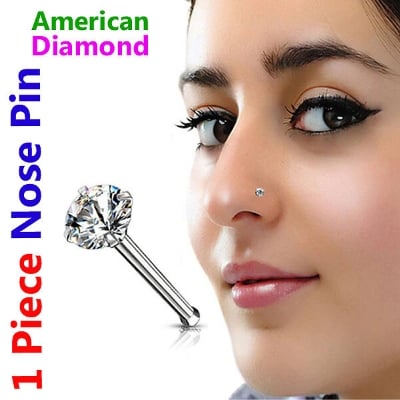 Picture of American Diamond One Stone Nose Pin -12cn Set-A Wedding Engagement Bridal Jewelry Perfect Noth Gift for Girls and Women Party Nakful White Colored + Free Matching Gift Item!