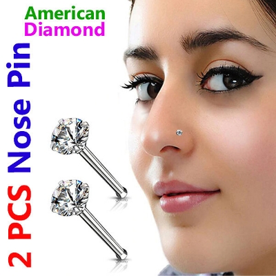 Picture of 2 PCS American Diamond One Stone Nose Pin -12cn Set-A Wedding Engagement Bridal Jewelry Perfect Noth Gift for Girls and Women Party Nakful White Colored + Free Matching Gift Item!