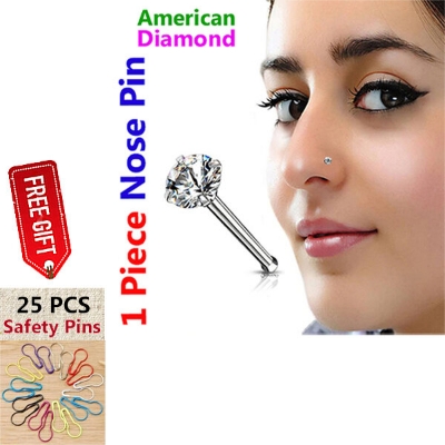 Picture of American Diamond One Stone Nose Pin -12cn Set-A Wedding Engagement Bridal Jewelry Perfect Noth Origin for Girls and Women Party Nakful White Colored Combo + 25 PCS Safety Pins Free Gift!