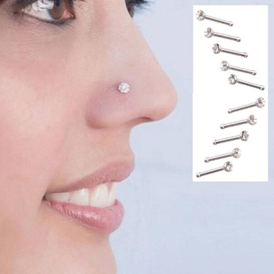 Picture of American Diamond One Stone Nose Pin -12cn Set-A Wedding Engagement Bridal Jewelry Perfect Noth Origin for Girls and Women Party Nakful White Colored Combo + 25 PCS Safety Pins Free Gift!