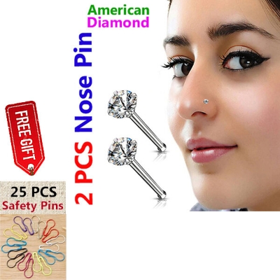 Picture of 2 PCS American Diamond One Stone Nose Pin -12cn Set-A Wedding Engagement Bridal Jewelry Perfect Noth for Girls and Women Party Nakful White Colored Combo + 25 PCS Safety Pins Free Gift