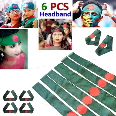 Picture of Premium 6 PCS National Flag of Bangladesh Headbands Factory Direct Supply Set-A Chinese Clothe Potaka Any Program Indicate Patriotism Showing Respect Victory / Independence Day Craft Stationery Product Red And Green Color for All Men and Women  - One size