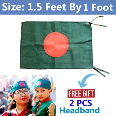 Picture of 1.5ft x 1ft National Flag Bangladesh Factory Direct Supply Set C Chinese Cloth Potaka Best for Any Program Patriotism Respect Victory/Independence Day Craft Stationery Product Red Green Color-Ideal Category Combo Offer (2 PCS Headband Free Gift)