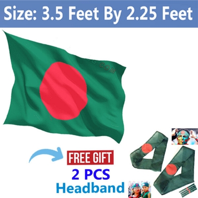 Picture of Premium (3.5 By 2.25) Feet National Flag Bangladesh Direct Factory Supply Set D China Cloth Potaka for Any Program Patriotism Show Respect Victory/Independence Day Craft Stationery Red Green Color-Ideal Category Combo Offer [Free Gift 2 PCS Headband]