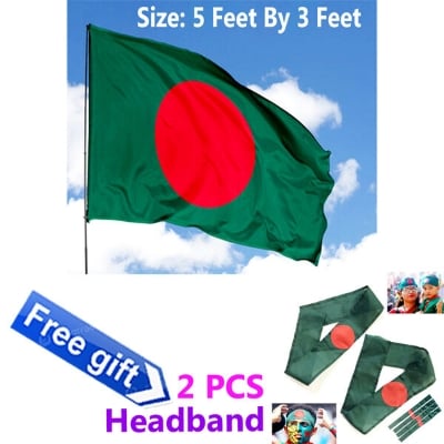 Picture of 5ft x 3ft National Flag Bangladesh Factory Direct Supply Set C Chinese Cloth Potaka Best for Any Program Patriotism Respect Victory/Independence Day Craft Stationery Product Red Green Color-Ideal Category Combo Offer (2 PCS Headband Free Gift)