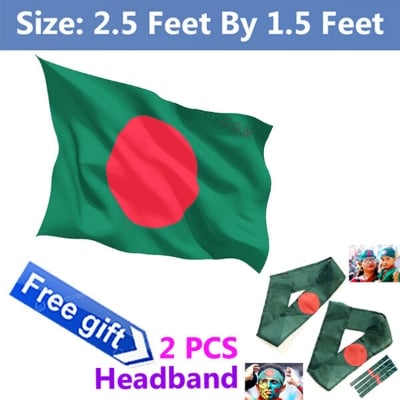 Picture of 2.5ft x 1.5ft National Flag Bangladesh Factory Direct Supply Set C Chinese Cloth Potaka Best for Any Program Patriotism Respect Victory/Independence Day Craft Stationery Product Red Green Color-Ideal Category Combo Offer (2 PCS Headband Free Gift)