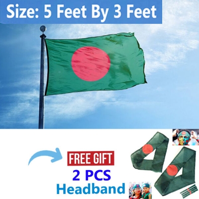 Picture of Premium (5 By 3) Feet National Flag Bangladesh Direct Factory Supply Set D China Cloth Potaka for Any Program Patriotism Show Respect Victory/Independence Day Craft Stationery Red Green Color-Ideal Category Combo Offer [Free Gift 2 PCS Headband]