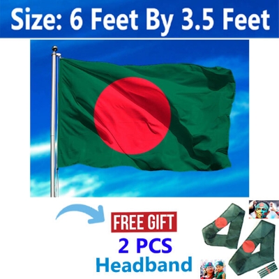 Picture of Premium (6 By 3.5) Feet National Flag Bangladesh Direct Factory Supply Set D China Cloth Potaka for Any Program Patriotism Show Respect Victory/Independence Day Craft Stationery Red Green Color-Ideal Category Combo Offer [Free Gift 2 PCS Headband]