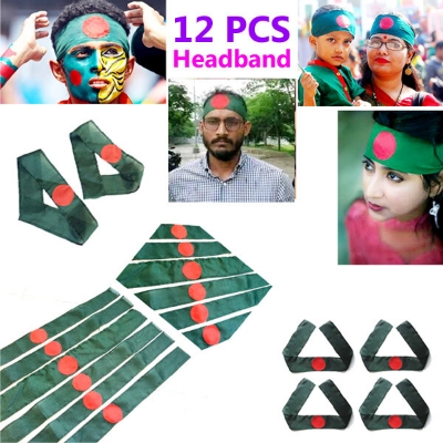 Picture of 12 PCS National Flag of Bangladesh Headbands Direct Factory Supply Set B Chinese Clothe Potaka Any Program Indicate Patriotism Showing Respect Victory / Independence Day Craft Stationery Product Red And Green Color for All Men and Women  - One size