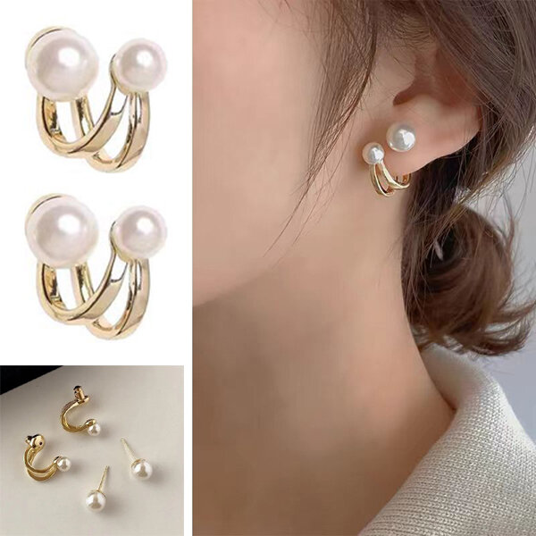Picture of Double C Pair Of Pearl 24K Gold Water Drop Earrings Set B1 All Match Eardrop Versatile Personality Autumn Winter Retro Kaner Dul Jewelry Accessories Birthday Wedding Engagement Bridal Party Amazing Gift Item for Women Girls Golden Color
