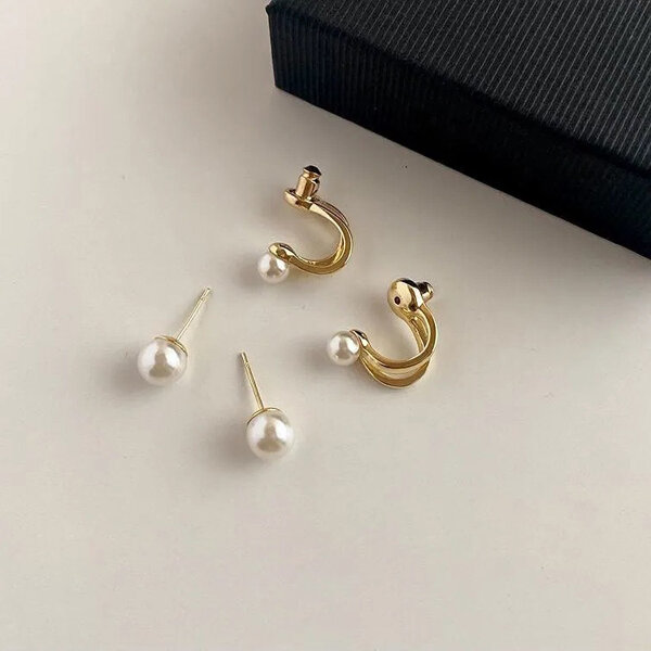 Picture of Double C Pair Of Pearl 24K Gold Water Drop Earrings Set B1 All Match Eardrop Versatile Personality Autumn Winter Retro Kaner Dul Jewelry Accessories Birthday Wedding Engagement Bridal Party Amazing Gift Item for Women Girls Golden Color