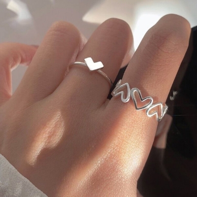 Picture of 2 PCS Adjustable Creative Hollow Heart Finger Rings Set E1 Versatile Personality Autumn Retro Angti Daily Life Jewelry Accessories Birthday Wedding Engagement Bridal Party Amazing Gift Item for Women Silver Color