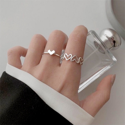 Picture of 2 PCS Adjustable Creative Hollow Heart Finger Rings Set E1 Versatile Personality Autumn Retro Angti Daily Life Jewelry Accessories Birthday Wedding Engagement Bridal Party Amazing Gift Item for Women Silver Color