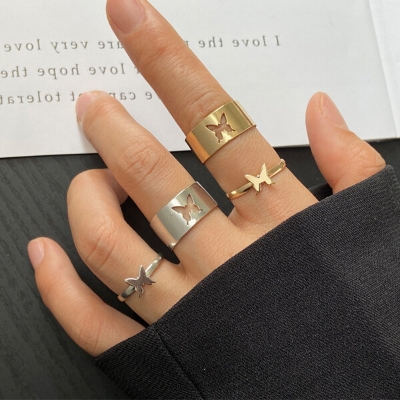Picture of 2 PCS Adjustable Creative Hollow Butterfly Finger Rings Set F1 Versatile Personality Autumn Retro Angti Daily Life Jewelry Accessories Birthday Wedding Engagement Bridal Party Amazing Gift Item for Women Silver Color