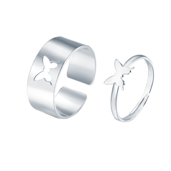 Picture of 2 PCS Adjustable Creative Hollow Butterfly Finger Rings Set F1 Versatile Personality Autumn Retro Angti Daily Life Jewelry Accessories Birthday Wedding Engagement Bridal Party Amazing Gift Item for Women Silver Color