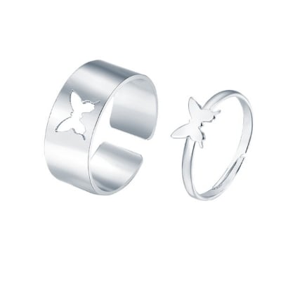Picture of 2 PCS Adjustable Creative Hollow Butterfly Finger Rings Set F1 Versatile Personality Autumn Retro Angti Daily Life Jewelry Accessories Birthday Wedding Engagement Bridal Party Amazing Gift Item for Women Silver Color