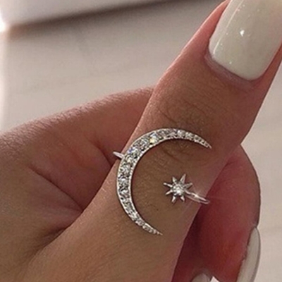 Picture of Adjustable Creative Moon Star Finger Ring Ethnic Style Set G1 Versatile Personality Autumn Retro Angti Daily Life Jewelry Accessories Birthday Wedding Engagement Bridal Party Amazing Gift Item for Women Silver and Gold Color