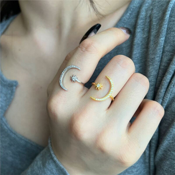 Picture of Adjustable Creative Moon Star Finger Ring Ethnic Style Set G1 Versatile Personality Autumn Retro Angti Daily Life Jewelry Accessories Birthday Wedding Engagement Bridal Party Amazing Gift Item for Women Silver and Gold Color