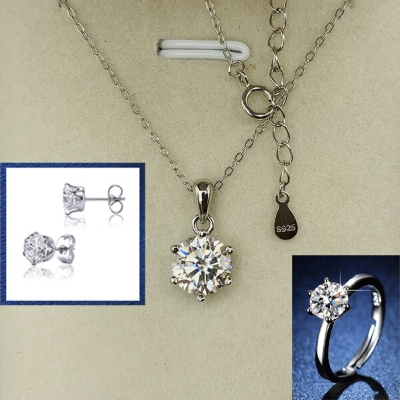 Picture of Adjustable Finger Ring Earrings & Chain With Six-Claws Locket Necklace Set A1 Gorgeous Style Versatile Personality Autumn Retro Pendant Daily Life Jewelry Accessories Birthday Wedding Engagement Bridal Party Amazing Gift Item for Female Silver Color