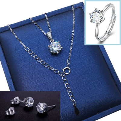 Picture of Adjustable Finger Ring Earrings & Chain With Six-Claws Locket Necklace Set A1 Gorgeous Style Versatile Personality Autumn Retro Pendant Daily Life Jewelry Accessories Birthday Wedding Engagement Bridal Party Amazing Gift Item for Female Silver Color