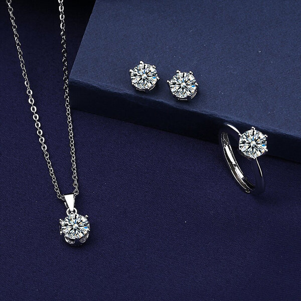 Picture of Adjustable Finger Ring Earrings & Chain With Six-Claws Locket Necklace Set A1 Gorgeous Style Versatile Personality Autumn Retro Pendant Daily Life Jewelry Accessories Birthday Wedding Engagement Bridal Party Amazing Gift Item for Female Silver Color