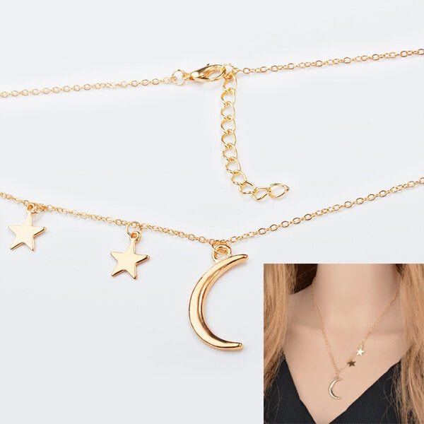 Picture of Hot Selling Star Moon Chain With Locket 24K Gold Water Drop Set D All-Match Pendant Necklace Versatile Personality Exhibition Autumn Mala Popular Jewelry Accessories Birthday Wedding Engagement Bridal Party Amazing Gift Item Gold/Silver Color for All
