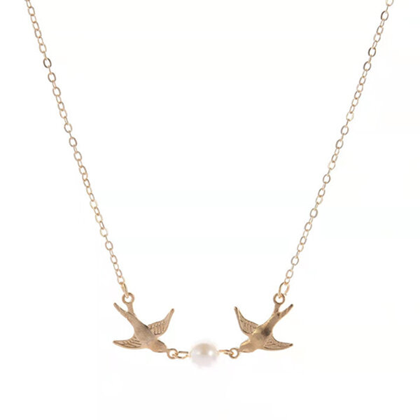 Picture of Double Flying Birds Hot Selling Pearl Necklace 24K Gold Water Drop Set E1 Locket Chain Pendant Versatile Personality Exhibition Mala Popular Jewelry Accessories Birthday Wedding Engagement Bridal Party Amazing Gift Item Gold/Silver Color for Men Women