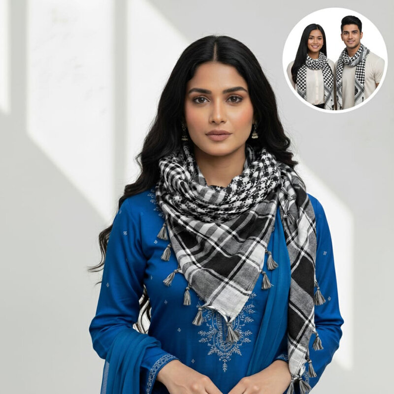 Picture of Premium Muslim Head Scarf | Soft Cotton Black White Check Haji Rumal | Unisex Arab Style Prayer Cloth, Hijab & Travel Shawl for Islamic Use - One size
