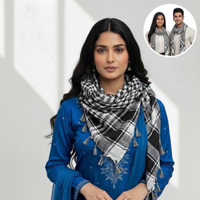 Picture of Premium Muslim Head Scarf | Soft Cotton Black White Check Haji Rumal | Unisex Arab Style Prayer Cloth, Hijab & Travel Shawl for Islamic Use - One size