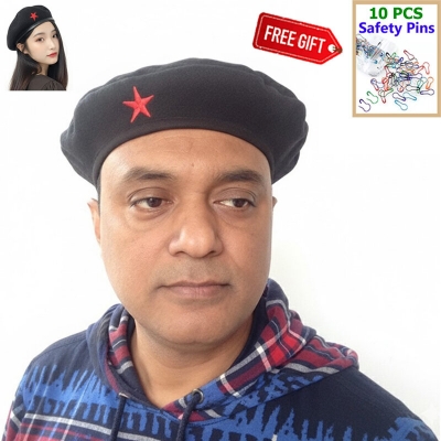 Picture of Premium Che Guevara Military Style Unisex Revolution Star Cap – Black Cotton Autumn Winter All-Match Headwear for Men/Women Sports Fashion Accessory Party Hat Factory Direct Supply + Free 10 PCS Multi-Color Safety Pins  - One size