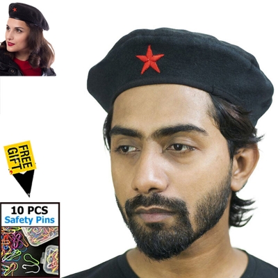 Picture of Premium Che Guevara Military Style Unisex Revolution Star Cap – Black Cotton Autumn Winter All-Match Headwear for Men/Women Sports Fashion Accessory Party Hat Factory Direct Supply + Free 10 PCS Multi-Color Safety Pins  - One size