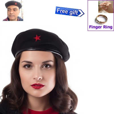 Picture of Premium Che Guevara Military Style Unisex Revolution Star Cap – Black Cotton Autumn Winter All-Match Headwear for Men/Women Sports Fashion Accessory Party Hat Factory Direct Supply + 1 Piece Finger Ring (Free Gift)  - One size