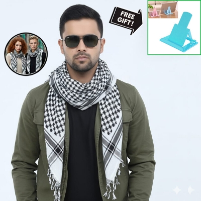 Picture of Premium Muslim Head Scarf | Soft Cotton Black White Check Haji Rumal | Unisex Arab Style Prayer Cloth, Hijab & Travel Shawl for Islamic Use + Free Gift 1 Piece Mobile Stand!  - One size