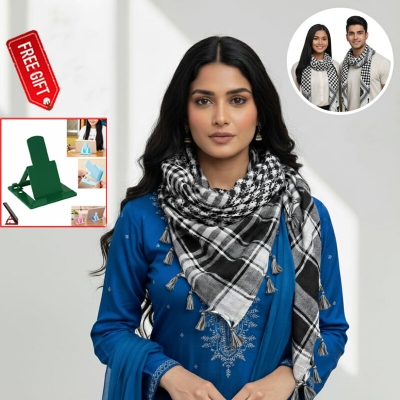 Picture of Premium Muslim Head Scarf | Soft Cotton Black White Check Haji Rumal | Unisex Arab Style Prayer Cloth, Hijab & Travel Shawl for Islamic Use + Free Gift 1 Piece Mobile Stand!  - One size