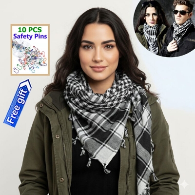 Picture of Premium Muslim Head Scarf | Soft Cotton Black White Check Haji Rumal | Unisex Arab Style Prayer Cloth, Hijab & Travel Shawl for Islamic Use + Free Gift 10 PCS Multi-Color Safety Pins!  - One size